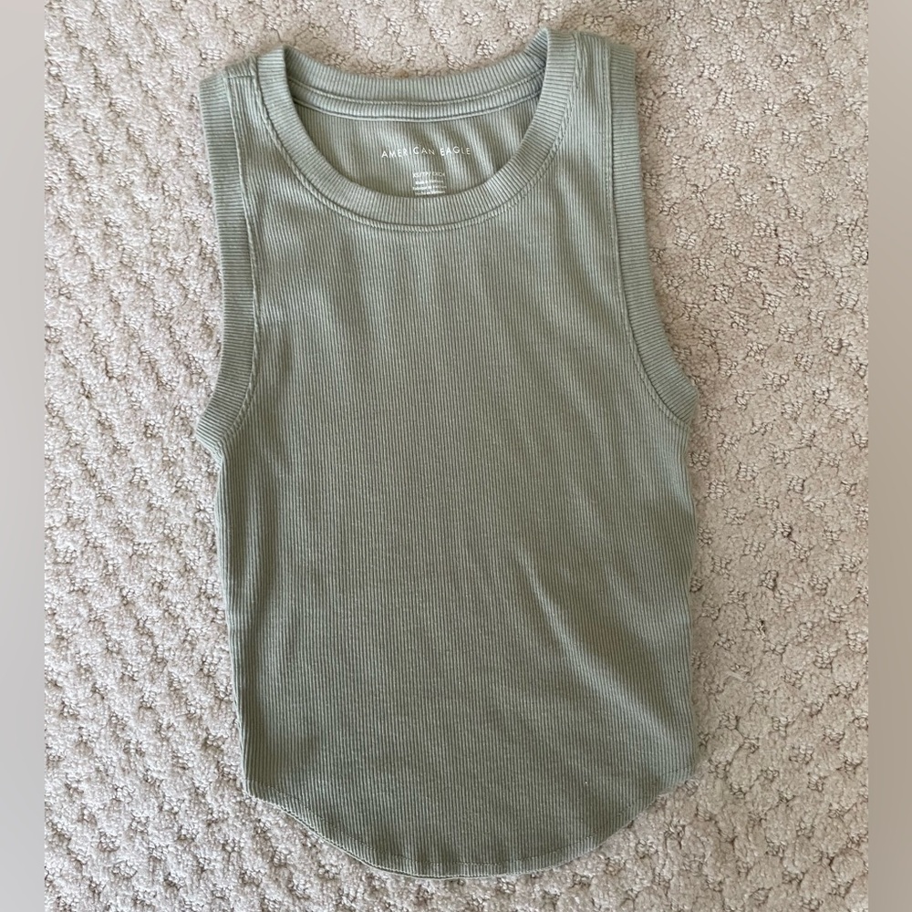 AE Bundle Cinched Front Flutter Sleeve & Ribbed Tank Crop Tops Sage Green XS - Picture 9 of 12